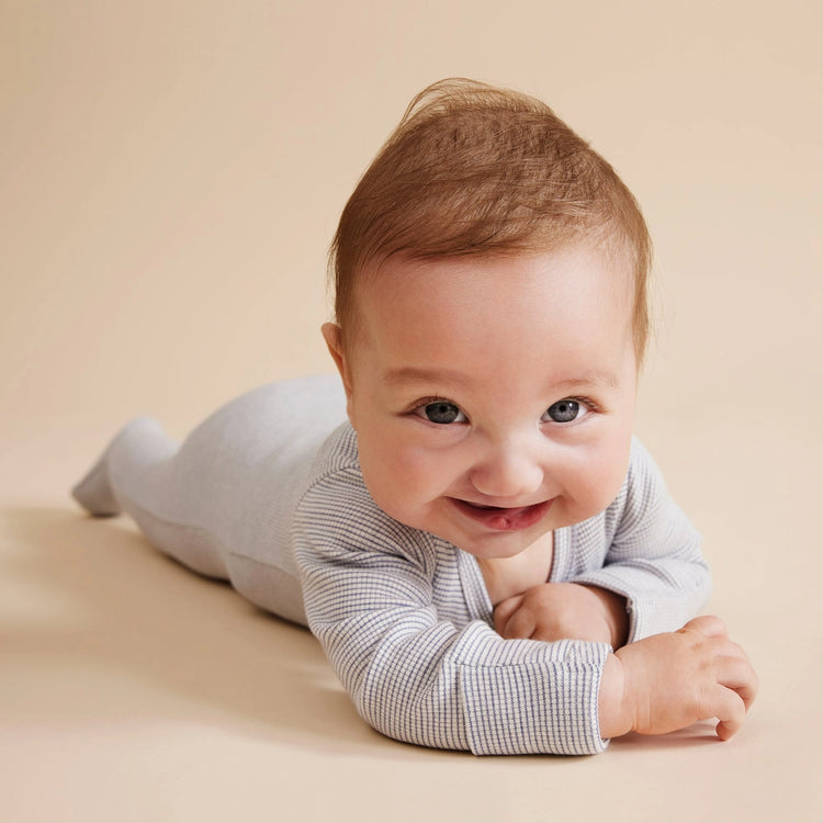 Organic Stripe Rib Zipsuit with Feet - Rain Drop