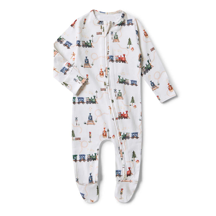 Trains Organic Snuggle Sleepsuit Zip Footie