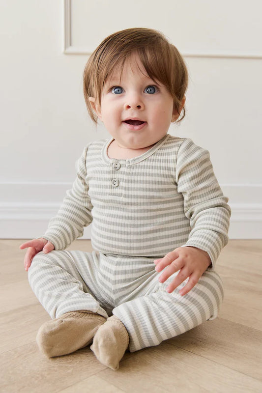 Organic Cotton Modal Long Sleeve Bodysuit - Slim Stripe Raindance/Cloud