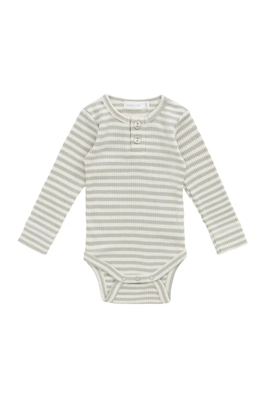 Organic Cotton Modal Long Sleeve Bodysuit - Slim Stripe Raindance/Cloud