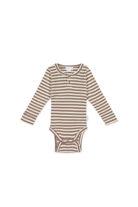 Organic Cotton Modal Long Sleeve Bodysuit - Narrow Stripe Tweed/Cloud