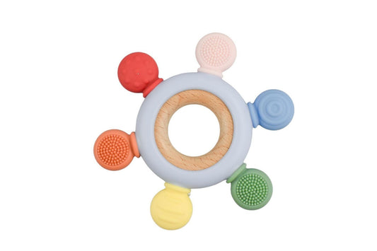 Silicone and Wooden Teether Ring Blue