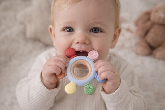 Silicone and Wooden Teether Ring Blue