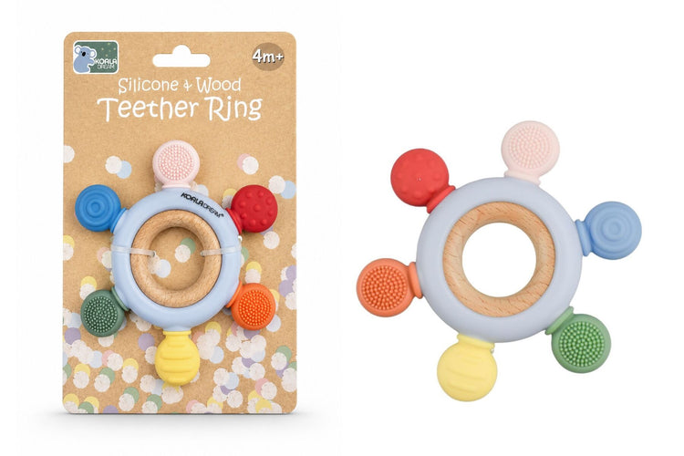 Silicone and Wooden Teether Ring Blue