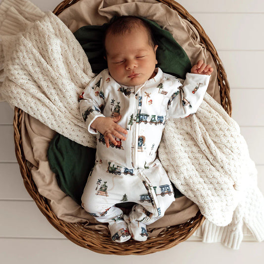 Trains Organic Snuggle Sleepsuit Zip Footie