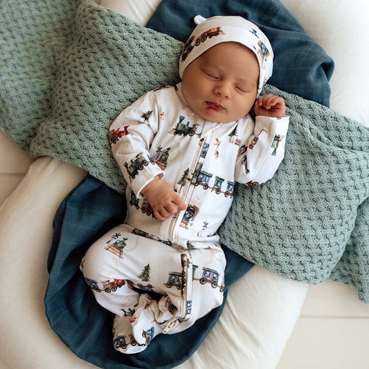 Trains Organic Snuggle Sleepsuit Zip Footie